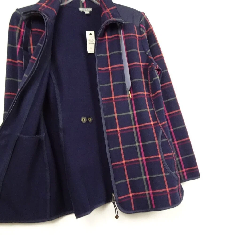 Talbots Jacket Women's Petite Size SP Blue Plaid Zip Front Elbow Patches - Picture 3 of 8
